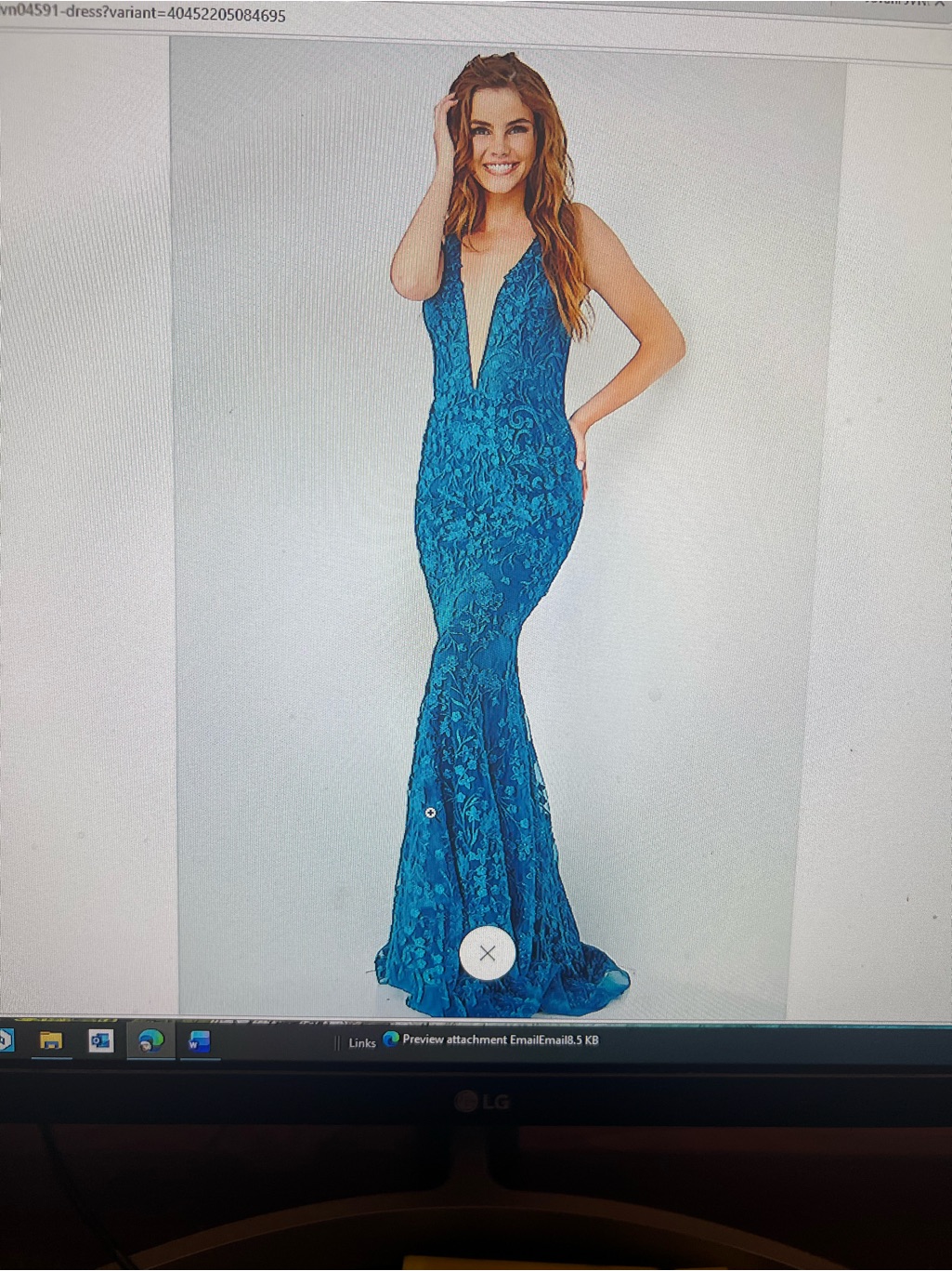 Jovani Teal Deep V Lace Mermaid Gown